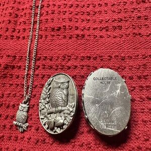 Vintage Ms Dee Pewter Owl Necklace, Pin, Earrings And Trinket Box